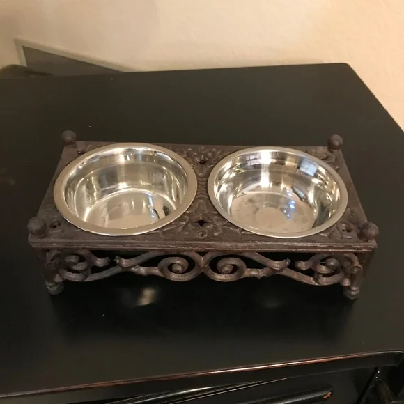 Vintage Cast Iron Ornate Pet Feeder Bowls - Picture 1 of 5